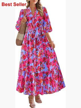 Floral Maxi Dress with 3/4 Puff Sleeves, V-Neck, Tie Waist